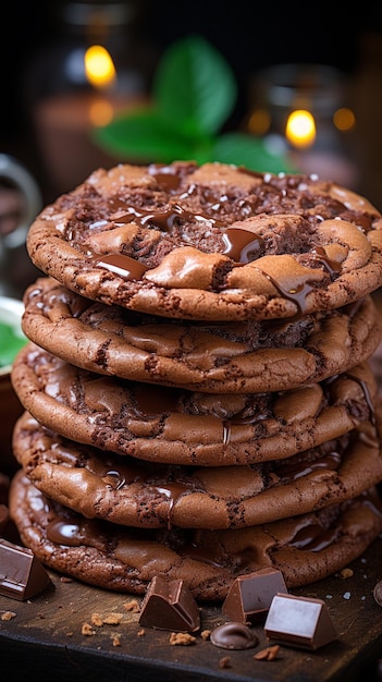 Um grande close-up seletivo de uma pilha de biscoitos de chocolate cozidos