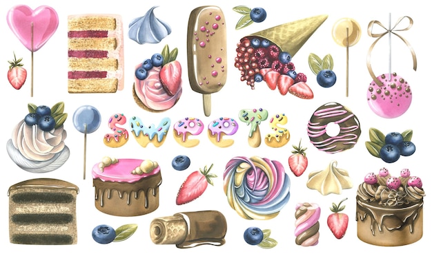 Um grande conjunto de DOCES Bolos pastelaria bagas de merengue Ilustração de aquarela Para decoração e design padrões de menu banners publicidade comida blog logotipo negócios de confeitaria