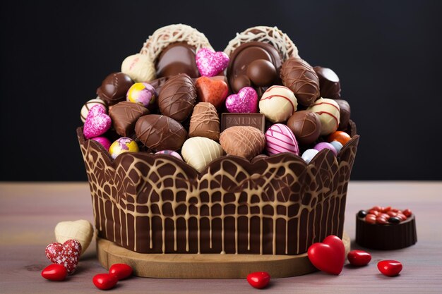 Foto um grande coração cheio de doces de chocolate