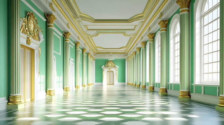Foto um grande corredor com paredes verdes, acabamento branco e sotaques dourados.