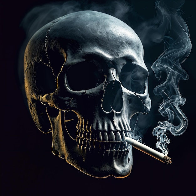 Foto um grande crânio com um cigarro na boca emitindo fumaça
