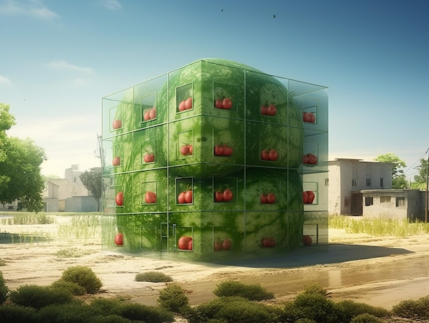Um grande cubo de melancia é cercado por uma paisagem urbana.