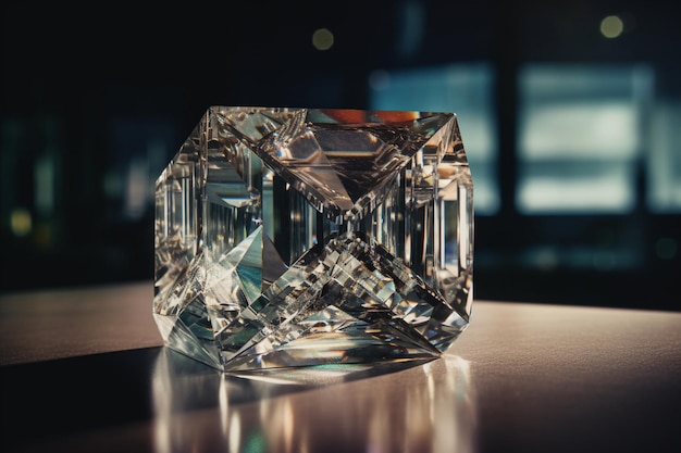 Um grande diamante está sobre uma mesa em uma sala escura.