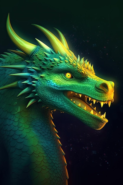 Um grande dragão esmeralda com chifres amarelos de uma boca aberta Gerar Ai