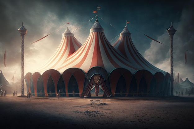 Um grande e famoso circo brilhante e colorido com um parque de diversões trailers caminhões e motorhomes