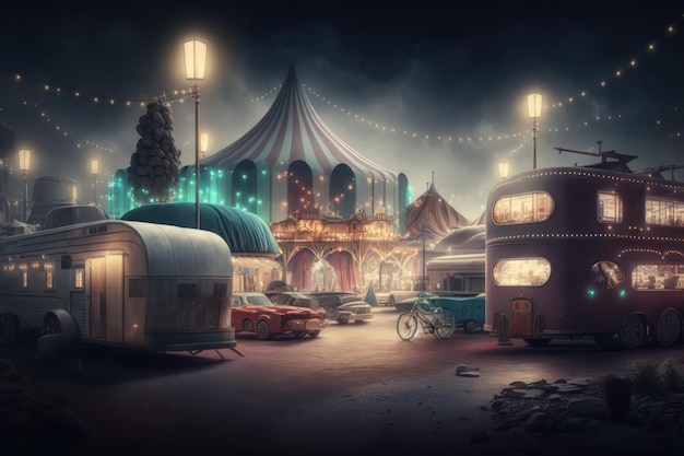 Um grande e famoso circo brilhante e colorido com um parque de diversões trailers caminhões e motorhomes