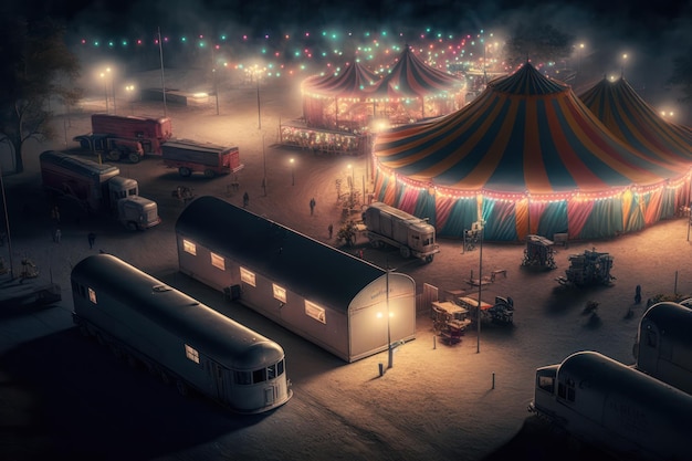 Um grande e famoso circo brilhante e colorido com um parque de diversões trailers caminhões e motorhomes