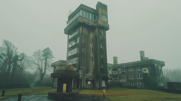 Um grande edifício antigo com uma torre alta e um pequeno pátio