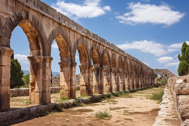 Foto um grande edifício de pedra com uma série de arcos no topo