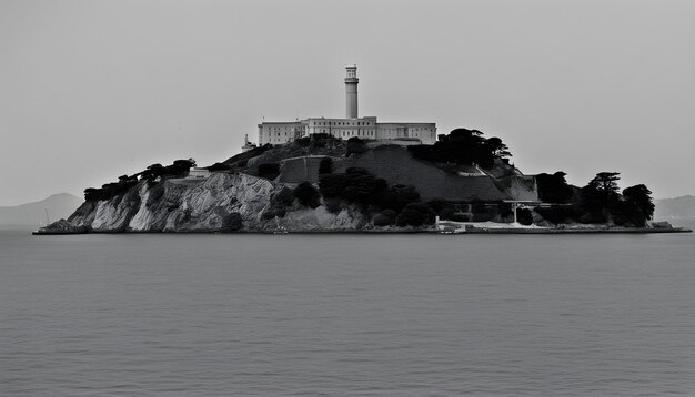 Foto um grande edifício está numa colina com vista para o oceano.