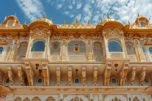 Um grande edifício exibindo exquisitas decorações de ouro e adornado com várias janelas Um palácio indiano com enfeites de ouro e motivos de pavão