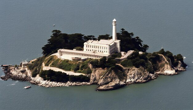 Foto um grande edifício senta-se em uma ilha rochosa com um corpo de água em primeiro plano