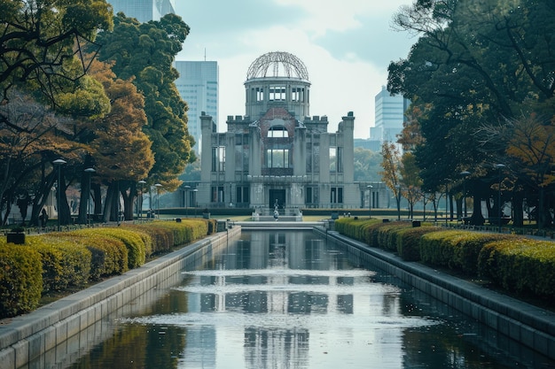 Um grande edifício sentado ao lado de um lago em um parque