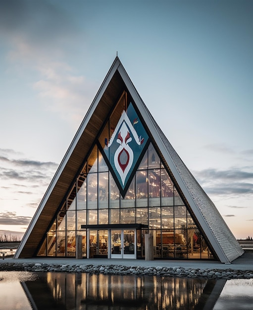 Um grande edifício triangular com um grande triângulo azul na frente.