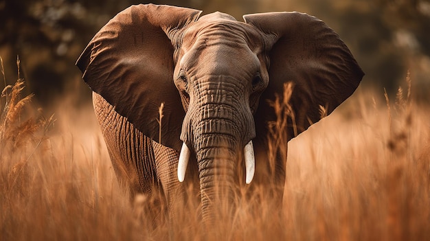 Um grande elefante caminha pela grama alta.