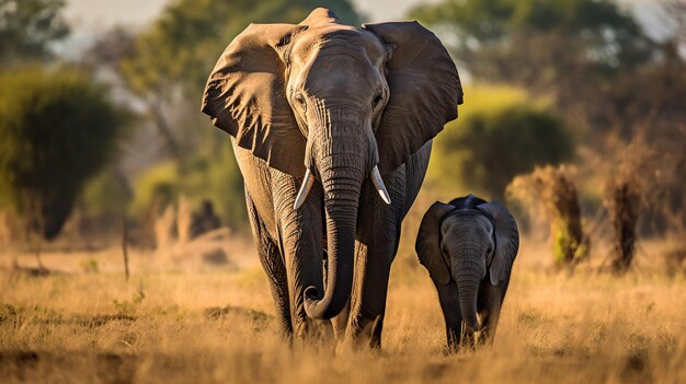 um grande elefante e um pequeno elefante andando em um campo