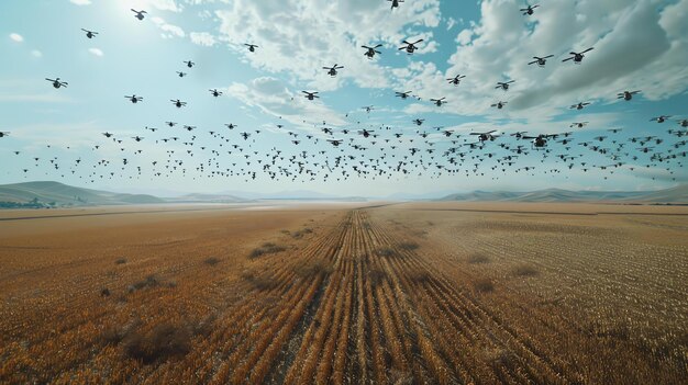 Foto um grande enxame de drones voa sobre um vasto campo de trigo. os drones estão todos voando na mesma direção.