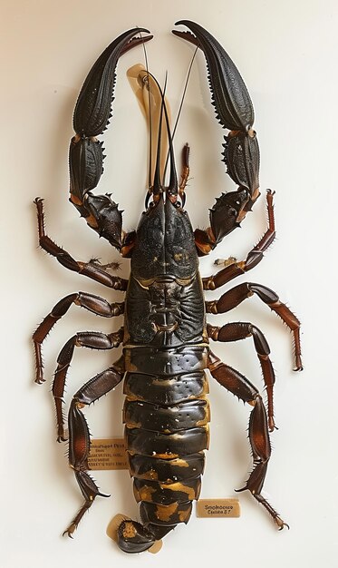 Um grande escorpião é elegantemente montado em uma parede, mostrando seu tamanho impressionante e detalhes intrincados