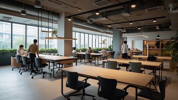 Um grande espaço de escritório aberto com mesas e cadeiras e uma parede de plantas.