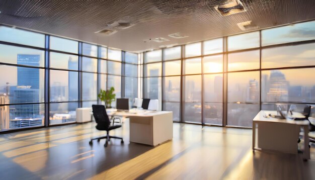 Um grande espaço de escritório aberto com vista para o horizonte da cidade