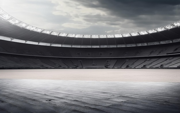 Um grande estádio vazio com um céu nublado ao fundo.