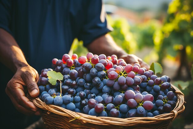 Um grande feixe de uvas maduras nas mãos de um colhedor de uvas em uma fazenda