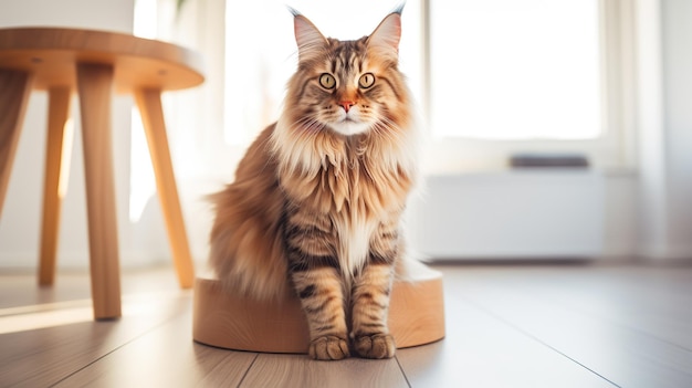 Um grande gato Maine Coon castanho adulto senta-se em um banquinho de faixa de madeira leve e olha para o quadro no espaço para copiar