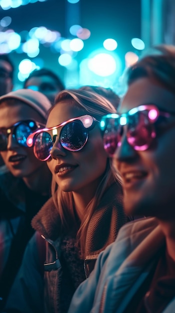 Um grande grupo de amigos se divertindo e sorrindo em um concerto musical de ficção científica futurista de grande área