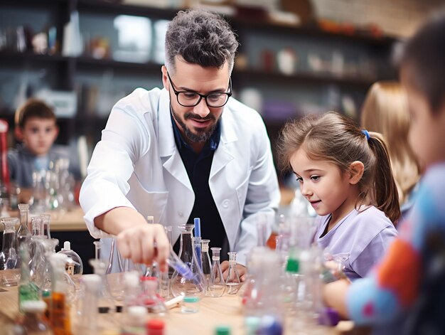 Um grande grupo de crianças diversas vestindo casacos de laboratório na aula de química enquanto desfrutam de experimentos científicos