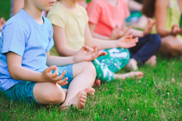 Um grande grupo de crianças envolvidas em yoga no parque, sentado na grama.