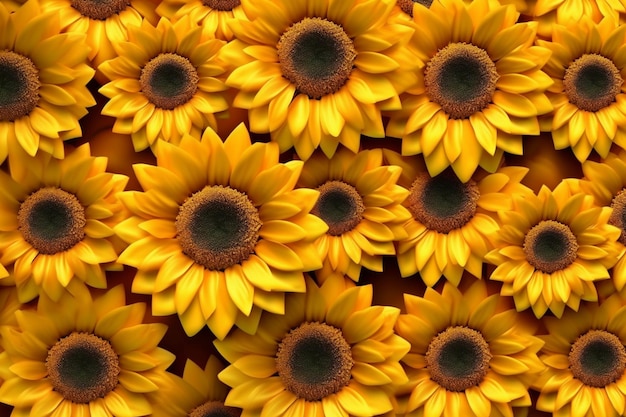 Um grande grupo de flores amarelas é mostrado com um centro preto.