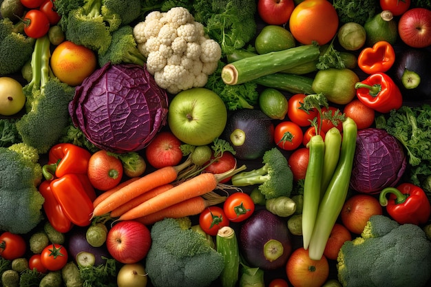 Um grande grupo de frutas e vegetais, incluindo brócolis, cenoura e outras frutas.