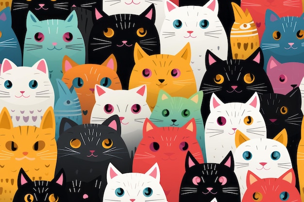 um grande grupo de gatos com olhos de cores diferentes