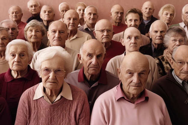 Foto um grande grupo de idosos reunidos posando para uma foto de grupo