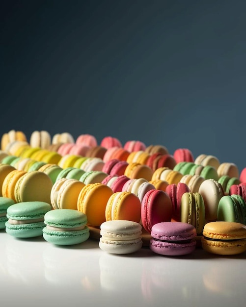 Um grande grupo de macaroons coloridos está alinhado sobre uma mesa.