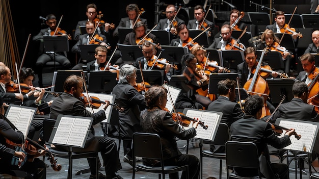 Um grande grupo de músicos está tocando seus violinos, violoncelos e outros instrumentos de cordas em um concerto