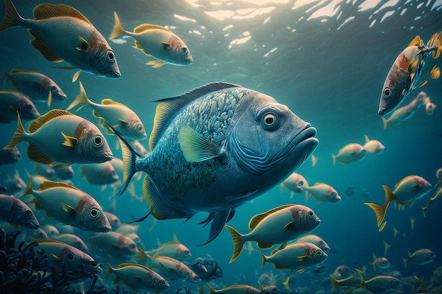 Um grande grupo de peixes nadando no oceano Generative AI