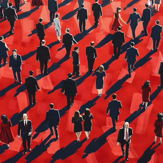 um grande grupo de pessoas está andando em um tapete vermelho