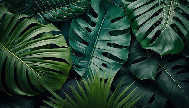 Um grande grupo de plantas tropicais com folhas verdes em um fundo preto.