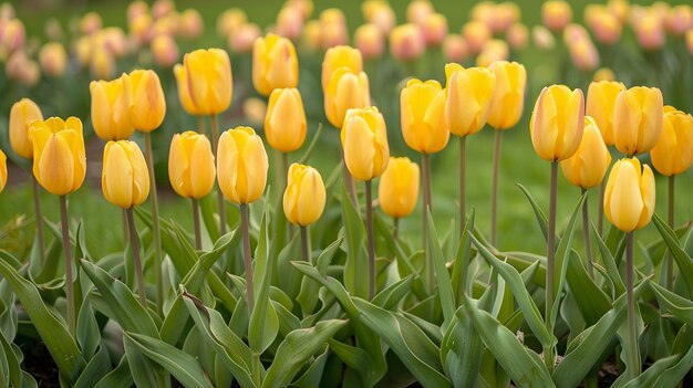 Um grande grupo de tulipas amarelas em um campo