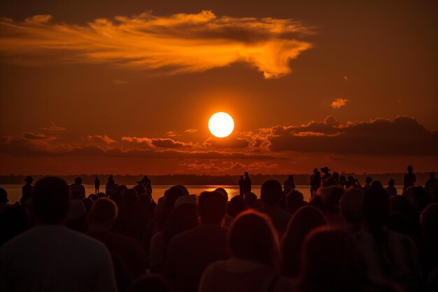Um grande grupo gosta de ver o pôr-do-sol sobre o oceano, hipnotizado pelas cores do céu.