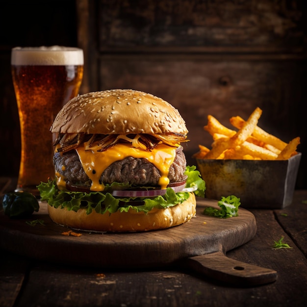 Um grande hambúrguer com alface por cima fica ao lado de um copo de cerveja.