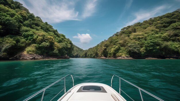 Um grande iate navega no mar no dia ensolarado uma ilha tropical com palmeiras geradas por IA