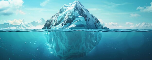 Um grande iceberg está flutuando no oceano com um pequeno pedaço dele submerso na água.
