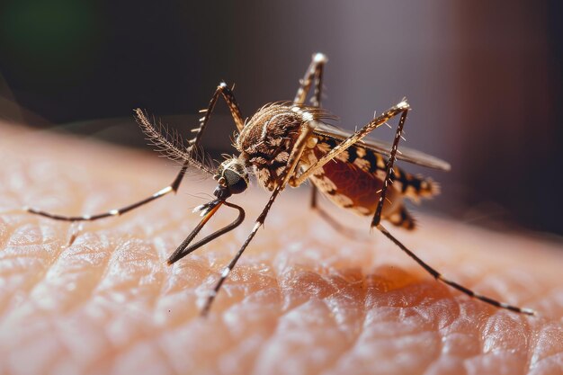 Um grande kamar aterra na pele de uma pessoa e enfiar sua probóscide nele Mosquito morder insetos chupadores de sangue infecção de febre