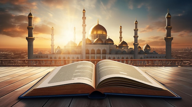 Um grande livro aberto com vista para a mesquita ao fundo