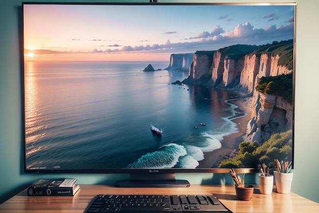 Um grande monitor com um pôr do sol na tela.