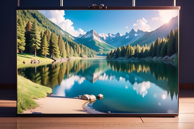 Um grande monitor de computador exibe uma paisagem com montanhas e árvores.