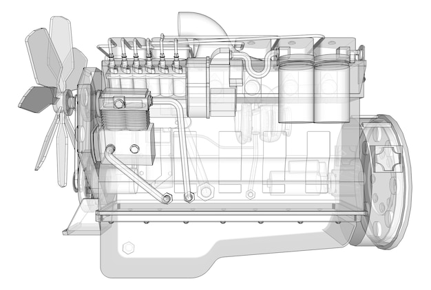 Foto um grande motor a diesel com o caminhão representado nas curvas de nível em papel milimetrado. os contornos da linha preta no fundo branco.