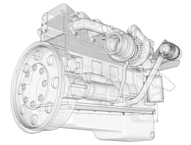 Um grande motor a diesel com o caminhão representado nas curvas de nível em papel milimetrado. Os contornos da linha preta no fundo branco.